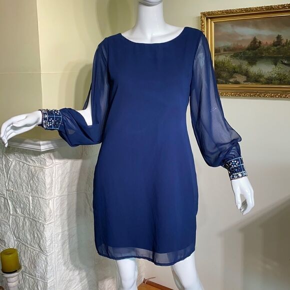 Brigitte Bailey Blue Chiffon Slit Sleeve Rhinestone Cuff Mini Cocktail Dress - Picture 2 of 10